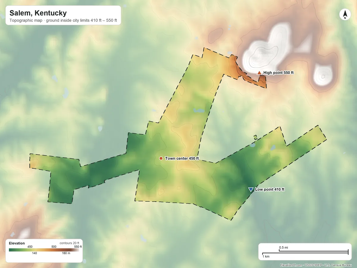 Topographic elevation map of Salem, Kentucky, shaded from 410 ft on the east side to 550 ft on the northeast edge, below higher ground just outside