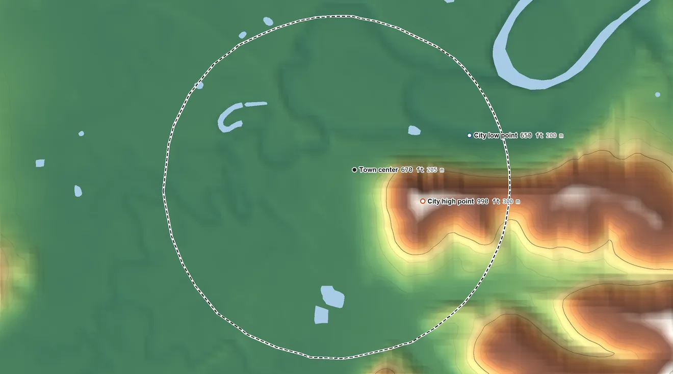 Topographic elevation map of Salt Lick, Kentucky, shaded from 650 ft on the east side to 990 ft on the southeast side