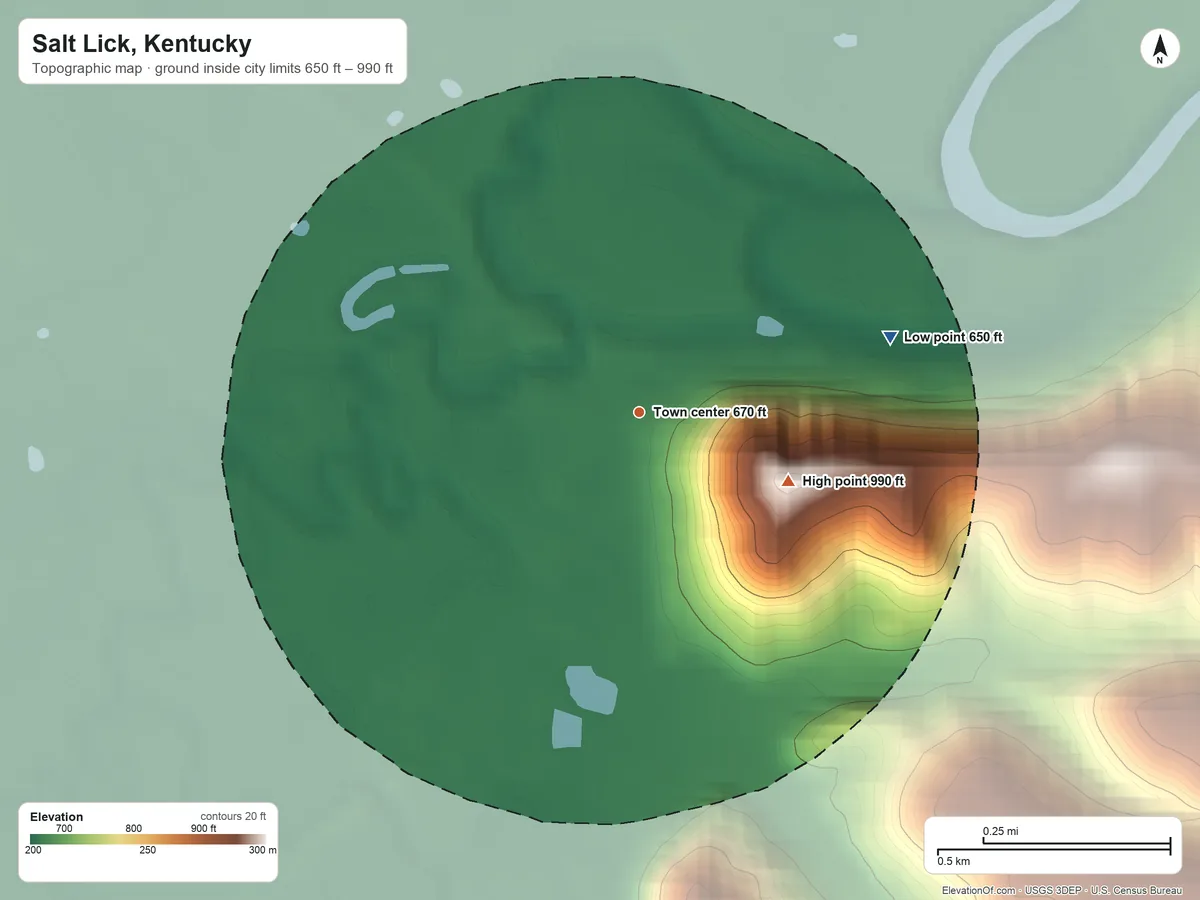 Topographic elevation map of Salt Lick, Kentucky, shaded from 650 ft on the east side to 990 ft on the southeast side