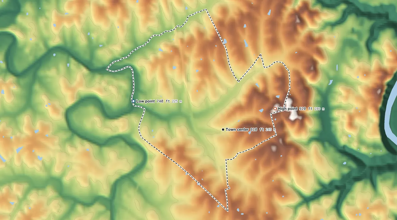 Topographic elevation map of Salvisa, Kentucky, shaded from 740 ft on the west side to 920 ft on the east side