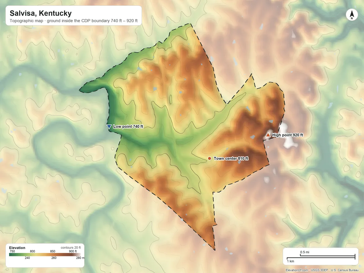 Topographic elevation map of Salvisa, Kentucky, shaded from 740 ft on the west side to 920 ft on the east side
