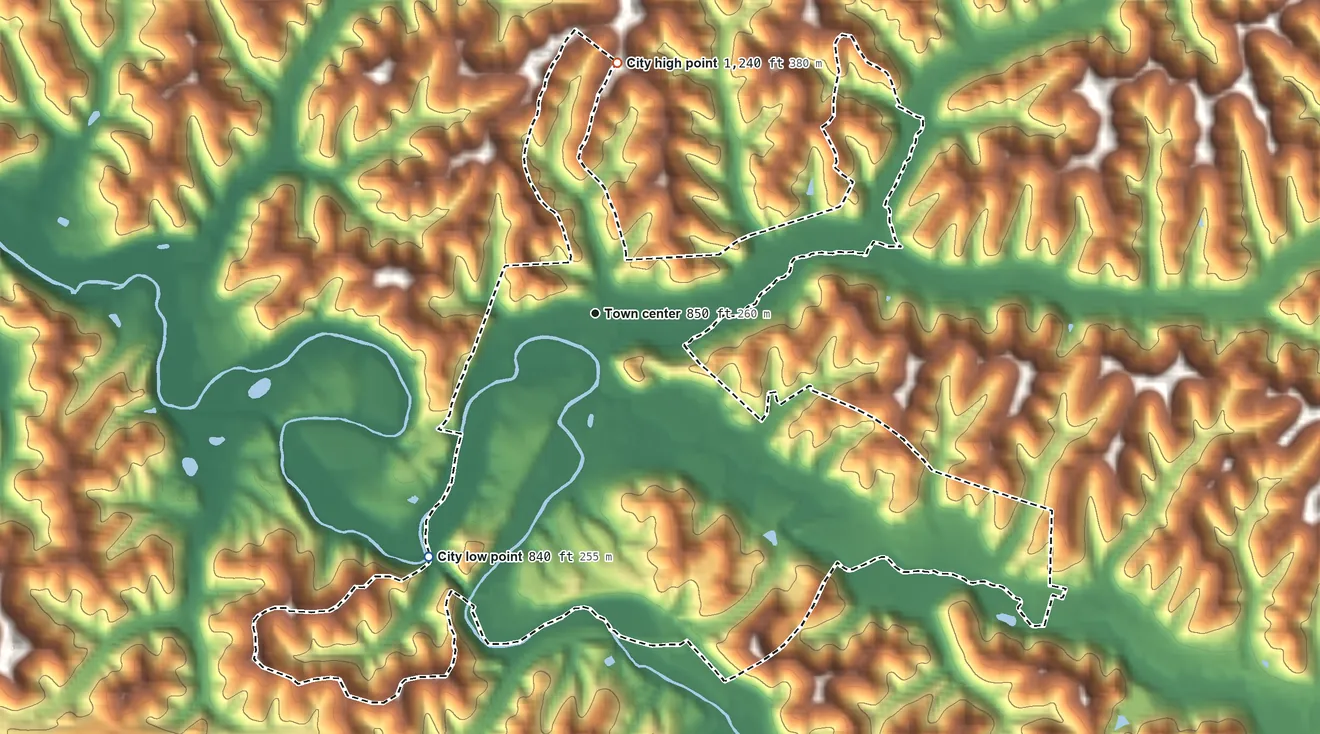 Topographic elevation map of Salyersville, Kentucky, shaded from 840 ft on the southwest side to 1,240 ft on the north side