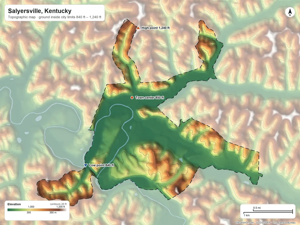 Topographic elevation map of Salyersville, Kentucky, shaded from 840 ft on the southwest side to 1,240 ft on the north side