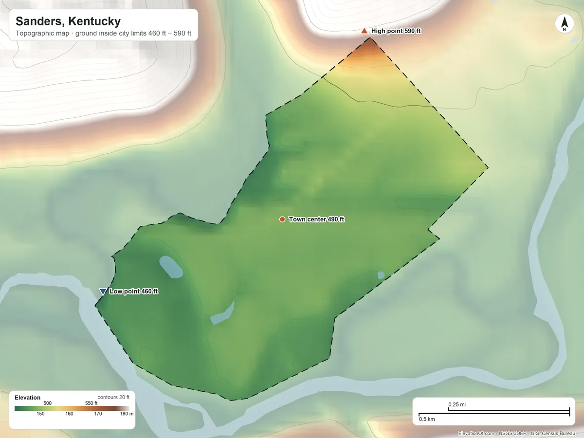 Topographic elevation map of Sanders, Kentucky, shaded from 460 ft on the west side to 590 ft on the northeast side