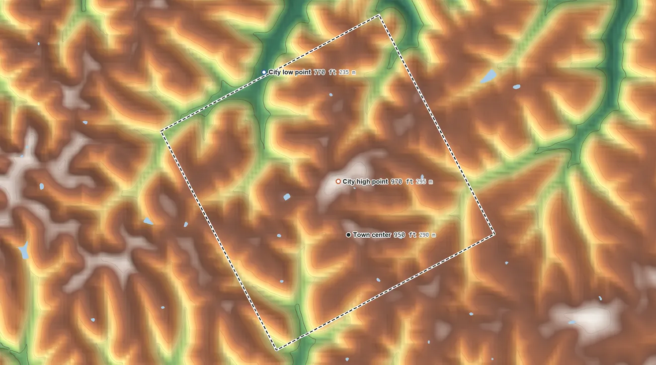 Topographic elevation map of Sardis, Kentucky, shaded from 770 ft on the northwest side to 970 ft on the north side