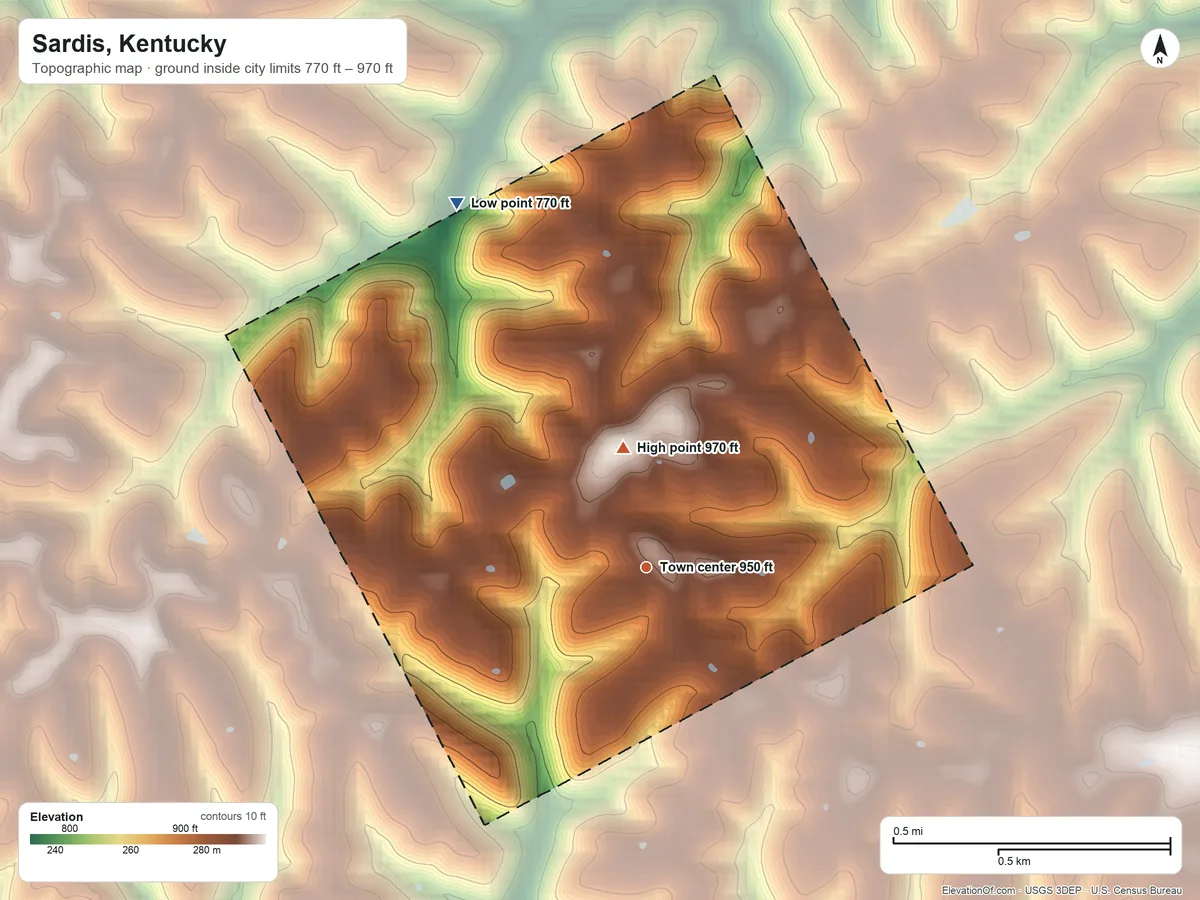Topographic elevation map of Sardis, Kentucky, shaded from 770 ft on the northwest side to 970 ft on the north side