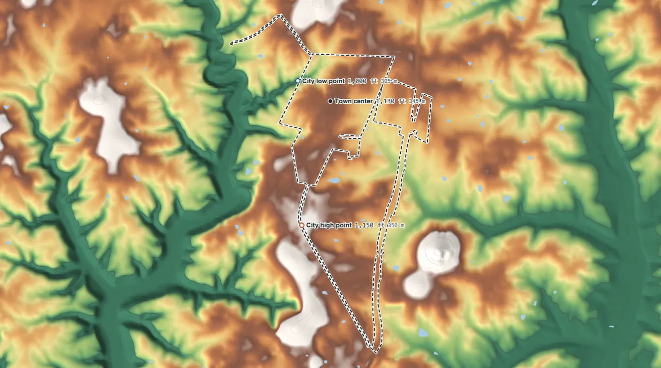 Topographic elevation map of Science Hill, Kentucky, shaded from 1,000 ft near the middle to 1,150 ft on the south side