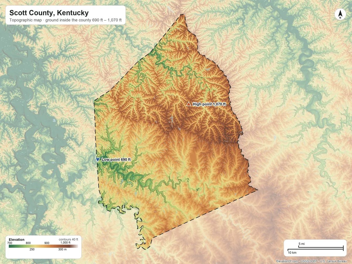 Topographic elevation map of Scott County, Kentucky, shaded from 690 ft on the west side to 1,070 ft on the northeast side