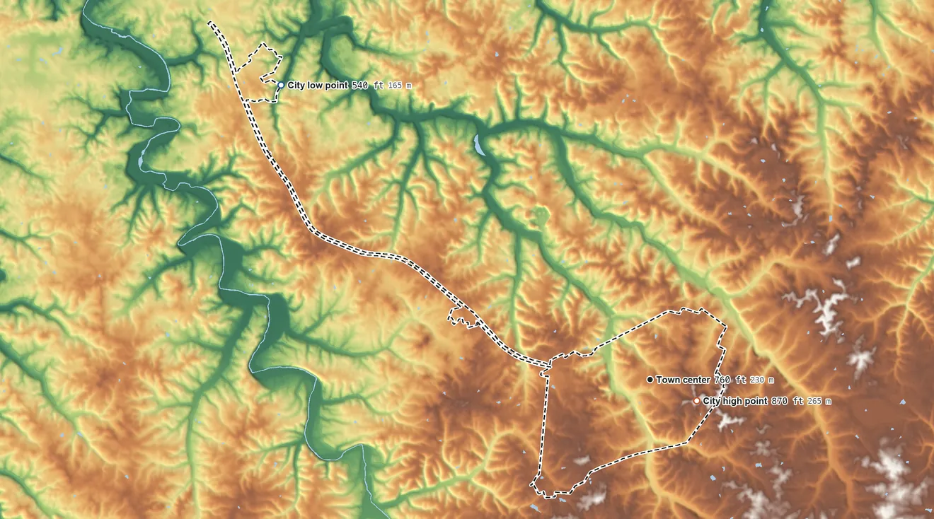 Topographic elevation map of Scottsville, Kentucky, shaded from 540 ft on the northwest side to 870 ft near the middle