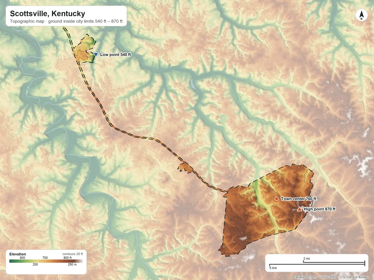 Topographic elevation map of Scottsville, Kentucky, shaded from 540 ft on the northwest side to 870 ft near the middle