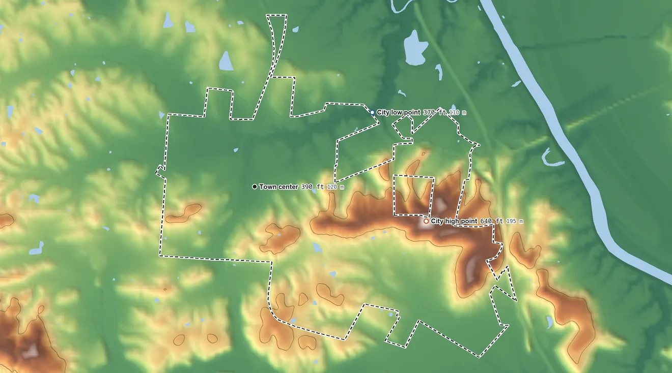 Topographic elevation map of Sebree, Kentucky, shaded from 370 ft on the northeast side to 640 ft on Steamport Hill