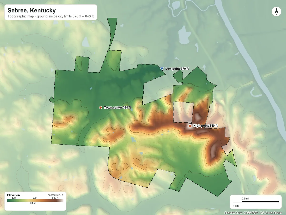 Topographic elevation map of Sebree, Kentucky, shaded from 370 ft on the northeast side to 640 ft on Steamport Hill