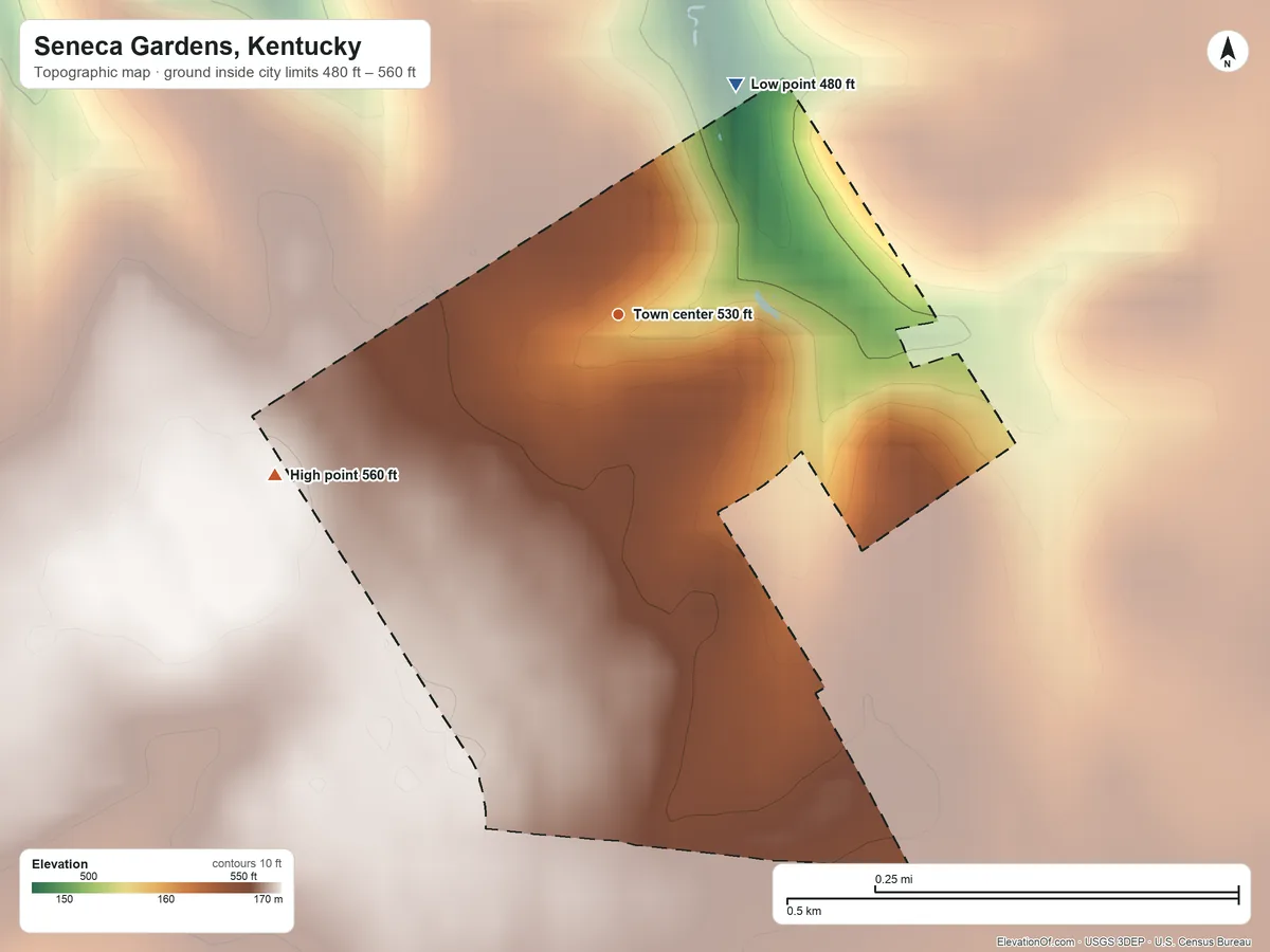 Topographic elevation map of Seneca Gardens, Kentucky, shaded from 480 ft on the northeast side to 560 ft on the southwest side