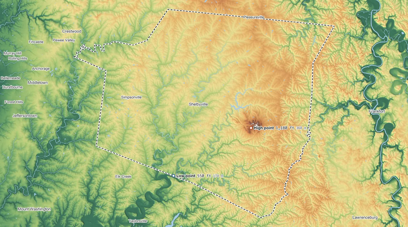 Topographic elevation map of Shelby County, Kentucky, shaded from 550 ft on the southwest side to 1,180 ft on Jeptha Knob