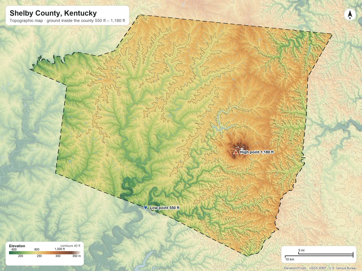 Topographic elevation map of Shelby County, Kentucky, shaded from 550 ft on the southwest side to 1,180 ft on Jeptha Knob