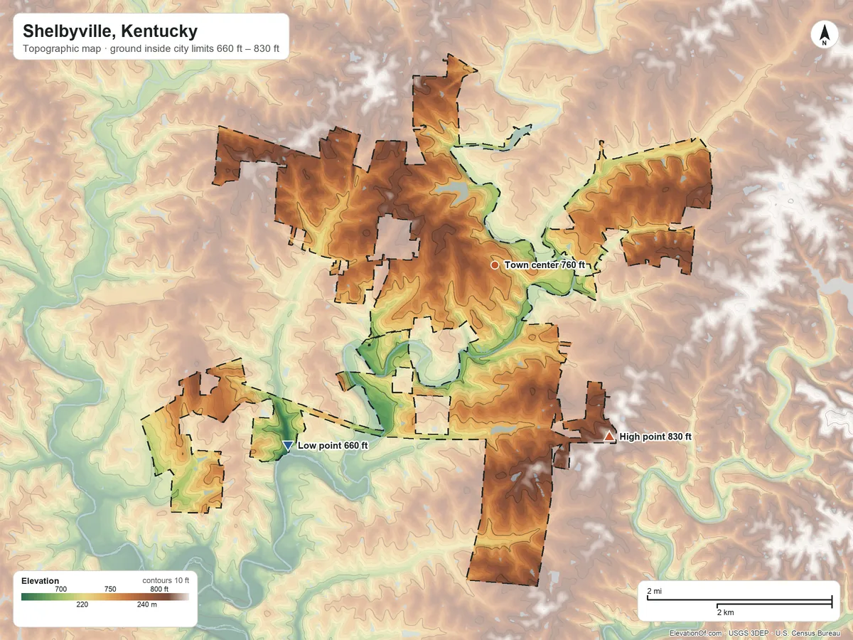 Topographic elevation map of Shelbyville, Kentucky, shaded from 660 ft on the southwest side to 830 ft on the southeast side