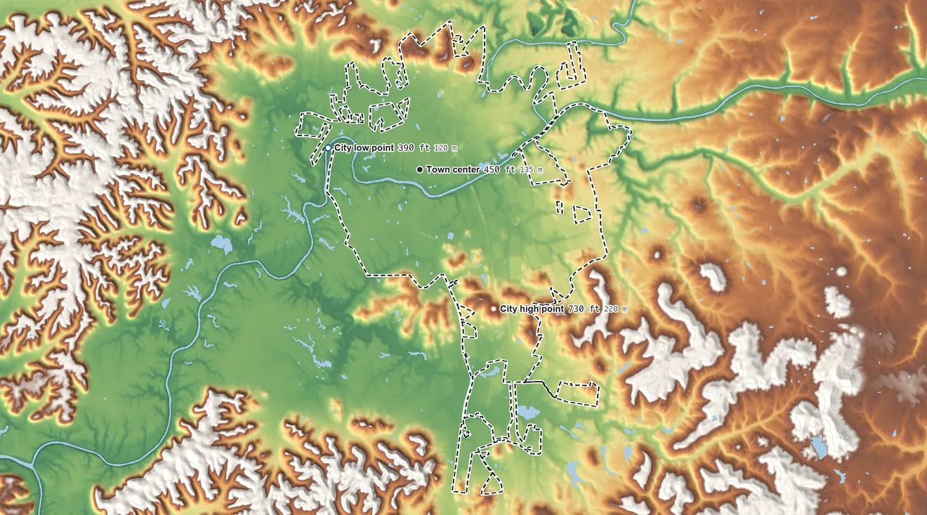 Topographic elevation map of Shepherdsville, Kentucky, shaded from 390 ft on the west side to 730 ft on the southeast side
