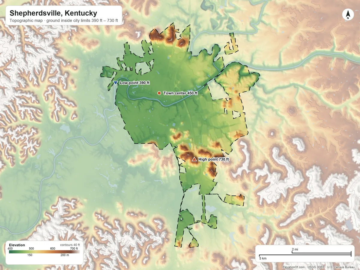 Topographic elevation map of Shepherdsville, Kentucky, shaded from 390 ft on the west side to 730 ft on the southeast side