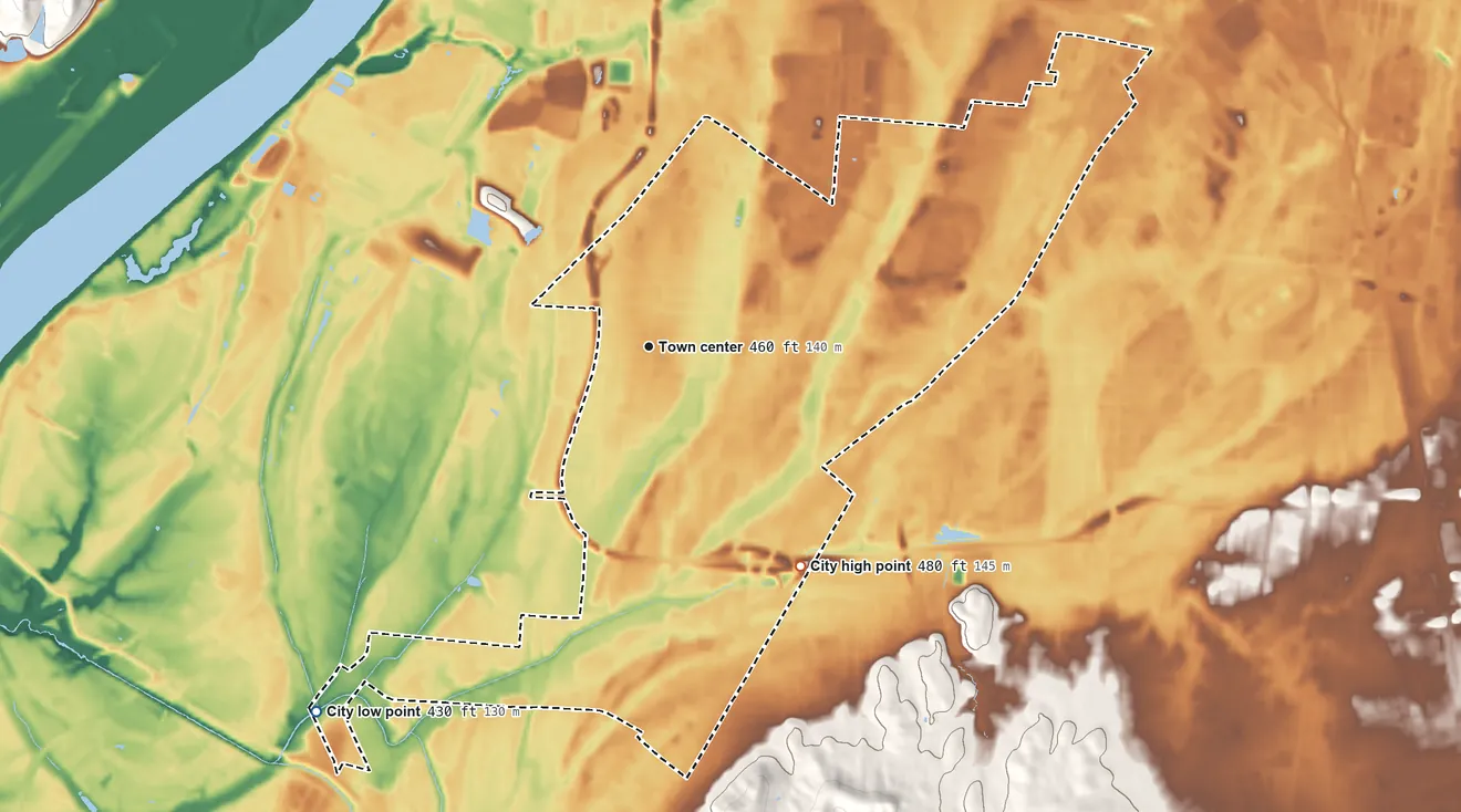 Topographic elevation map of Shively, Kentucky, shaded from 430 ft on the southwest side to 480 ft on the southeast side