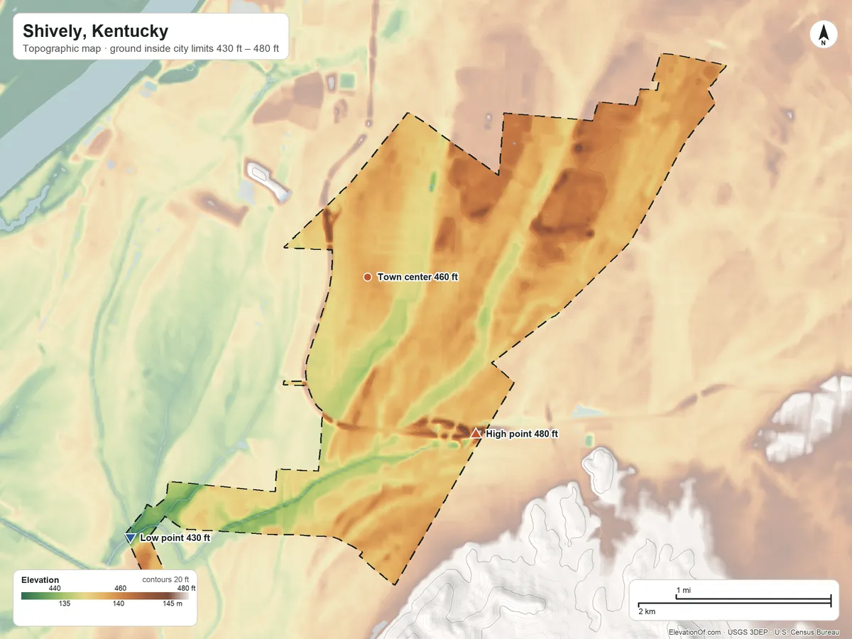 Topographic elevation map of Shively, Kentucky, shaded from 430 ft on the southwest side to 480 ft on the southeast side