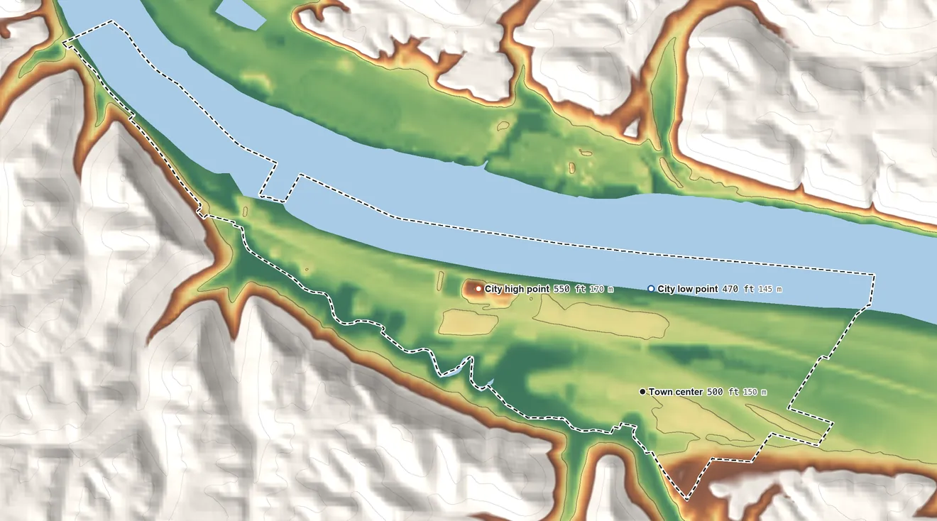 Topographic elevation map of Silver Grove, Kentucky, shaded from 470 ft on the north side to 550 ft on the northwest side