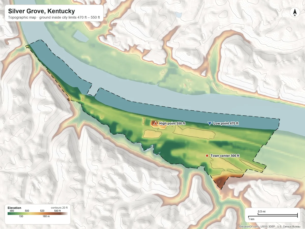 Topographic elevation map of Silver Grove, Kentucky, shaded from 470 ft on the north side to 550 ft on the northwest side