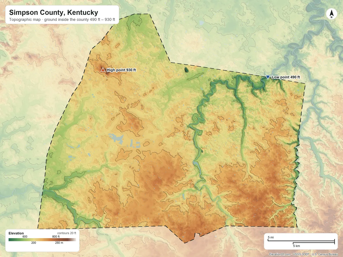 Topographic elevation map of Simpson County, Kentucky, shaded from 490 ft on the northeast side to 930 ft on Pilot Knob
