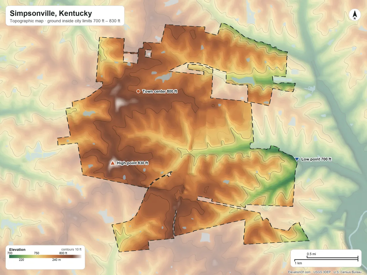 Topographic elevation map of Simpsonville, Kentucky, shaded from 700 ft on the southeast side to 830 ft on the south side