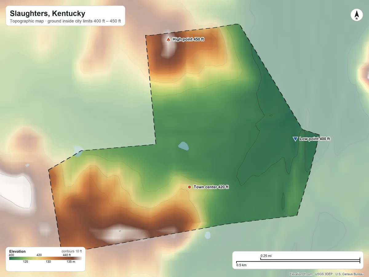 Topographic elevation map of Slaughters, Kentucky, shaded from 400 ft on the northeast side to 450 ft on the north side