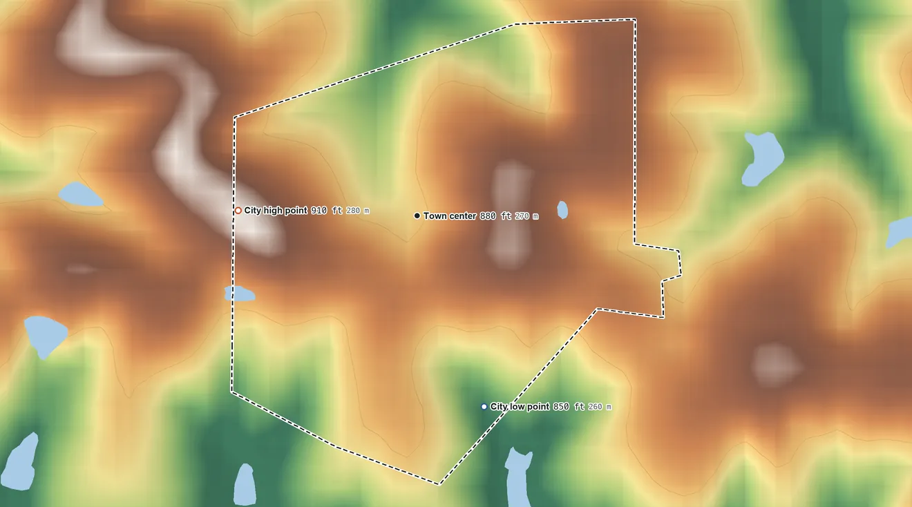 Topographic elevation map of Smithfield, Kentucky, shaded from 850 ft on the south side to 910 ft on the west side