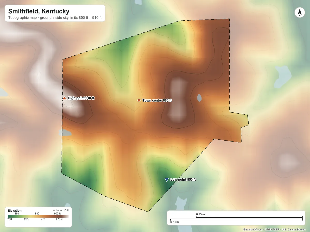 Topographic elevation map of Smithfield, Kentucky, shaded from 850 ft on the south side to 910 ft on the west side