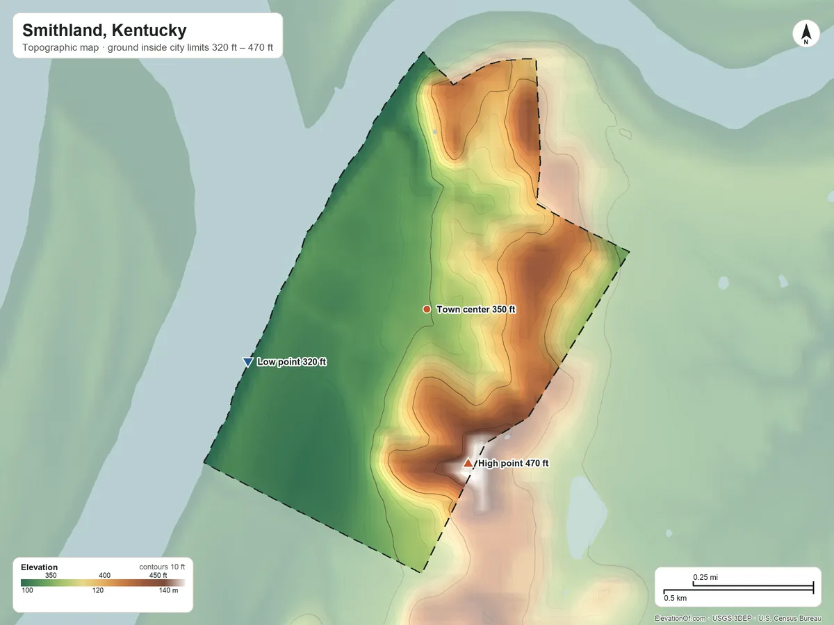 Topographic elevation map of Smithland, Kentucky, shaded from 320 ft on the west side to 470 ft on the south edge, below higher ground just outside