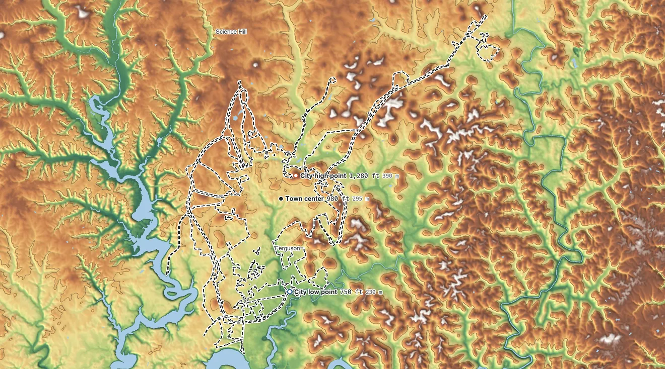 Topographic elevation map of Somerset, Kentucky, shaded from 750 ft on the south side to 1,280 ft on Reservoir Knob