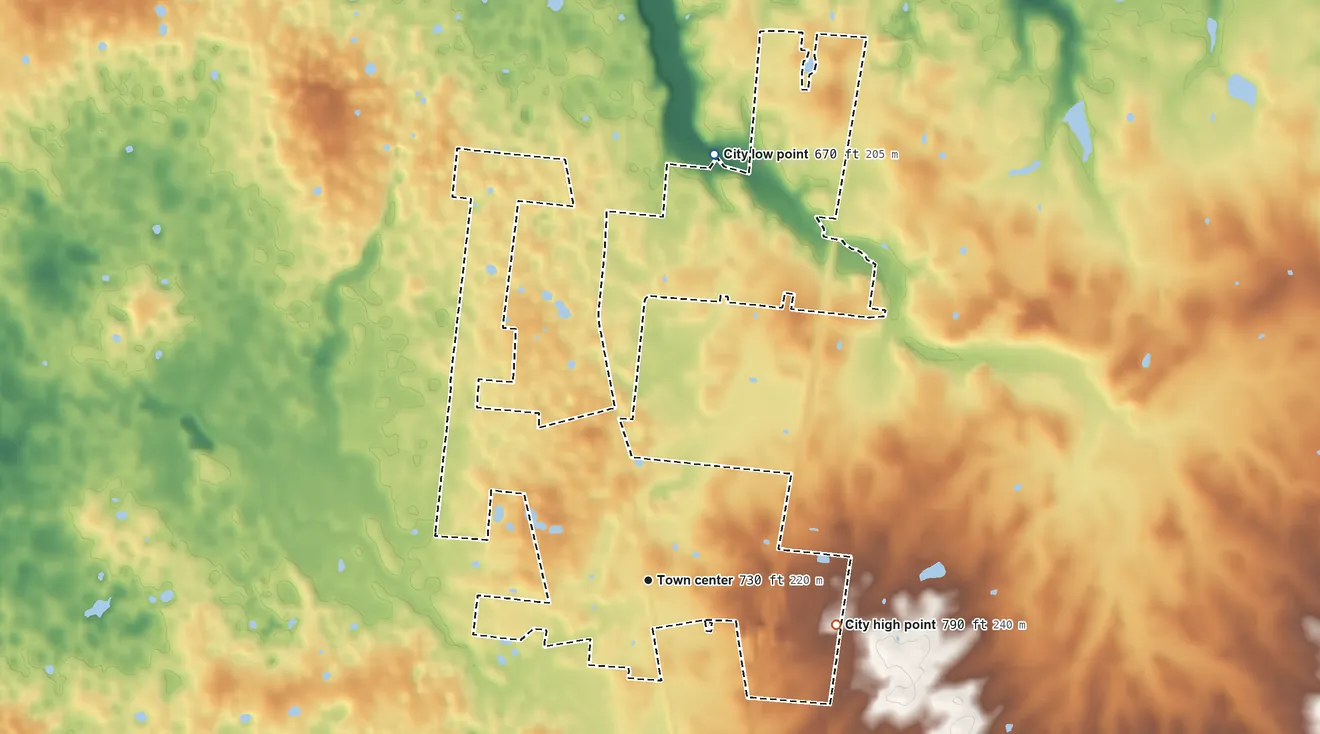 Topographic elevation map of Sonora, Kentucky, shaded from 670 ft on the north side to 790 ft on the east side
