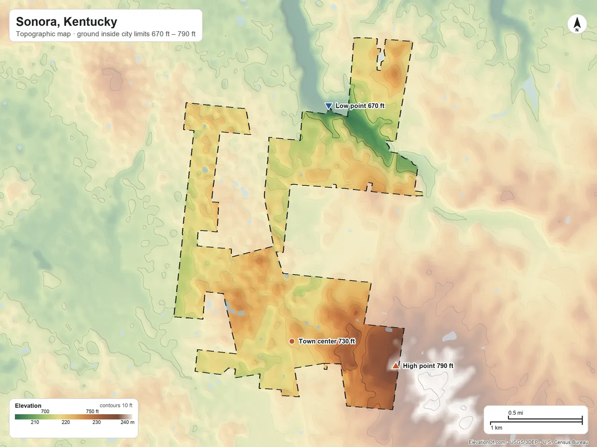 Topographic elevation map of Sonora, Kentucky, shaded from 670 ft on the north side to 790 ft on the east side