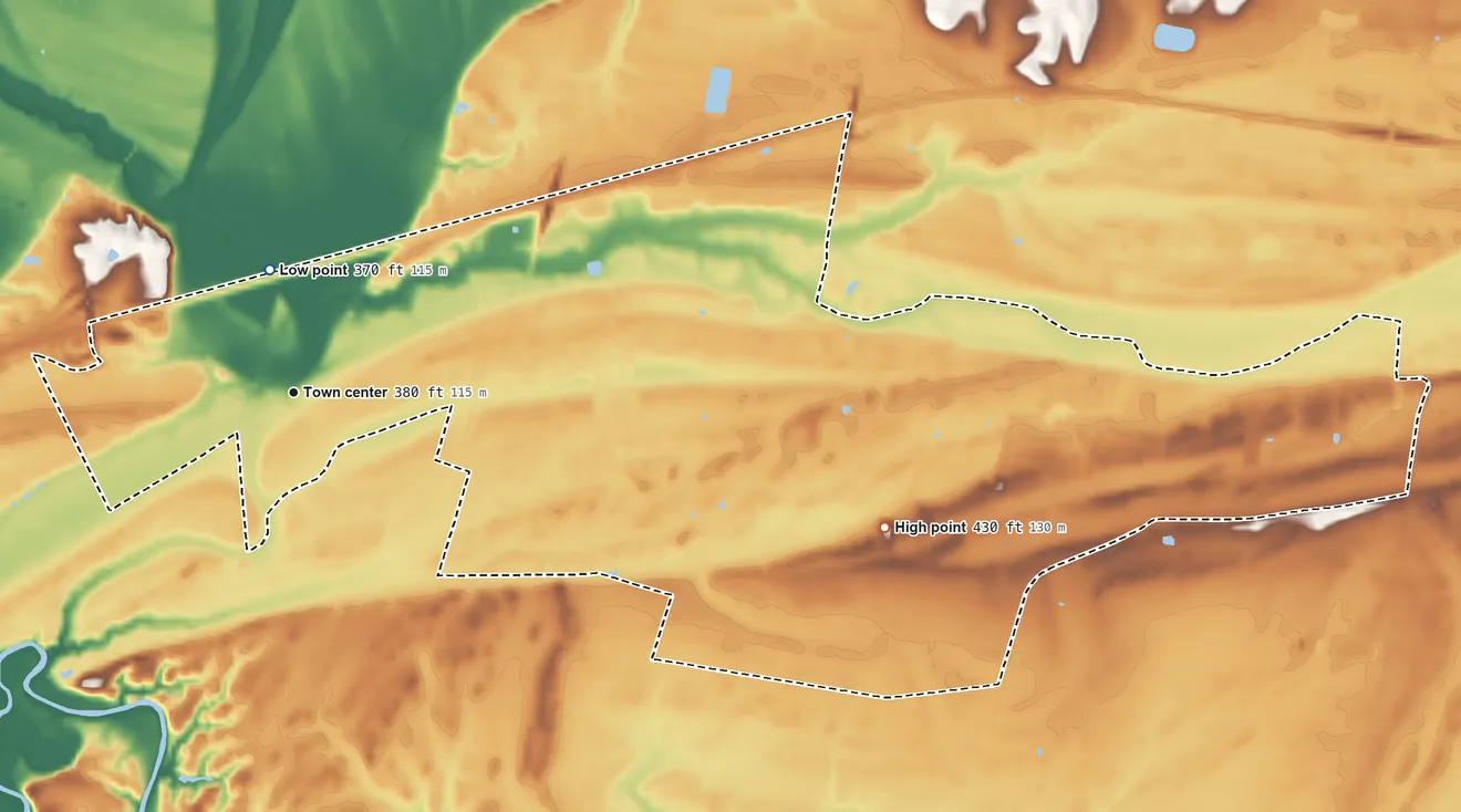 Topographic elevation map of Sorgho, Kentucky, shaded from 370 ft near the middle to 430 ft on the east side