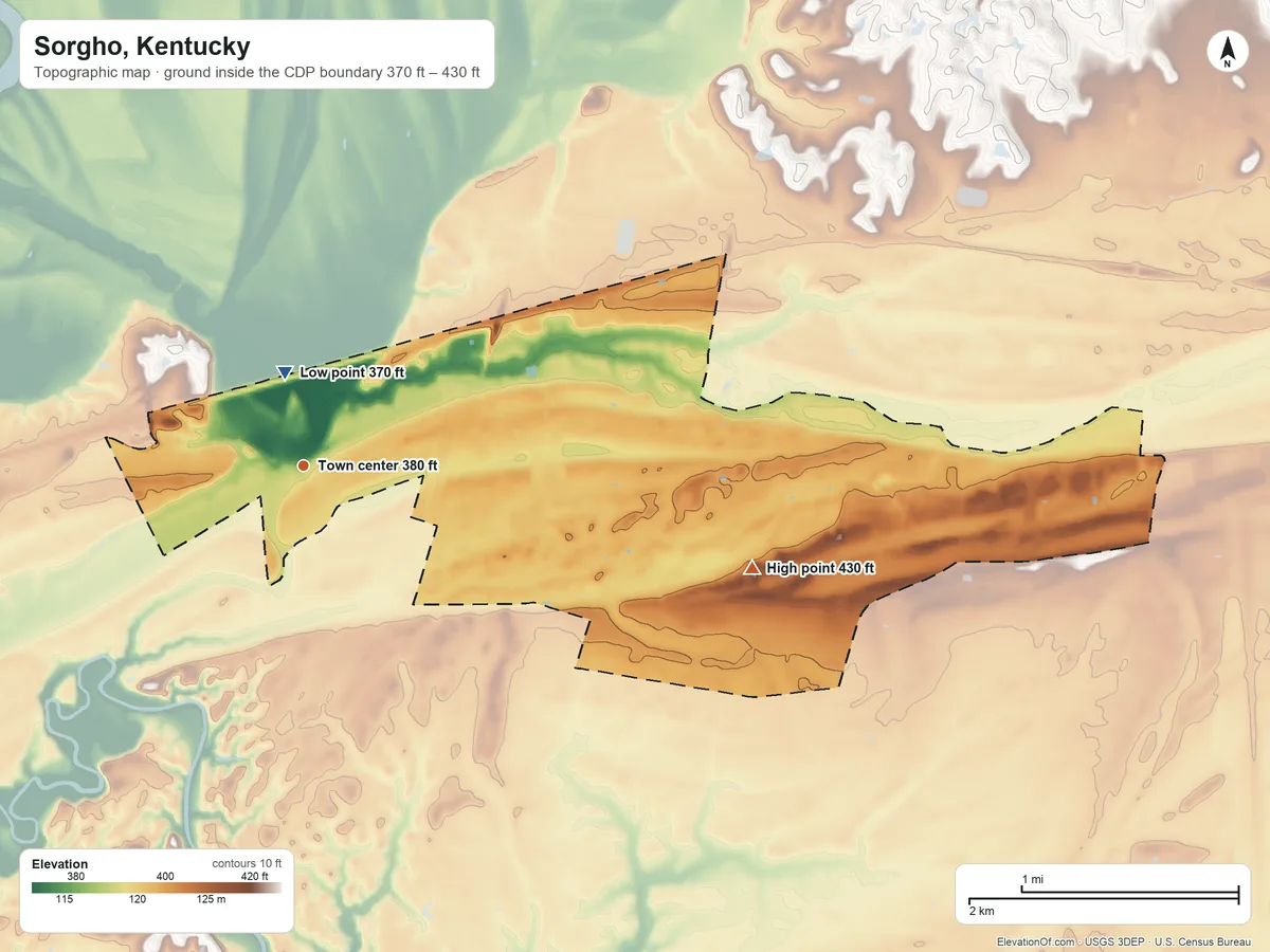 Topographic elevation map of Sorgho, Kentucky, shaded from 370 ft near the middle to 430 ft on the east side