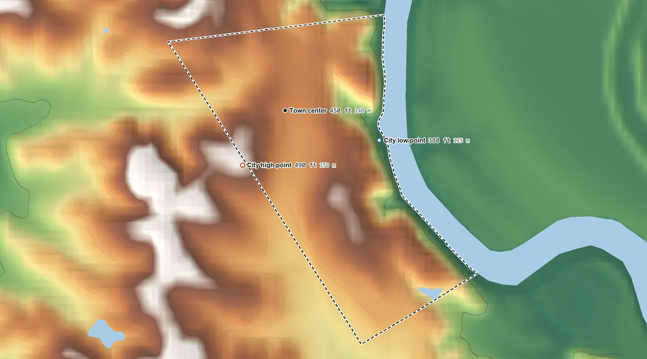 Topographic elevation map of South Carrollton, Kentucky, shaded from 380 ft on the east side to 490 ft on the southwest side
