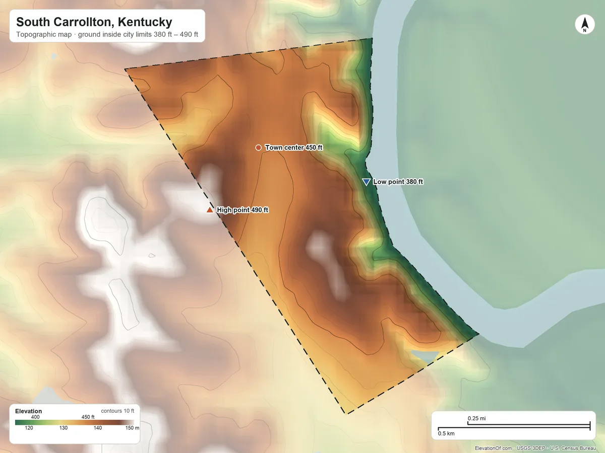 Topographic elevation map of South Carrollton, Kentucky, shaded from 380 ft on the east side to 490 ft on the southwest side
