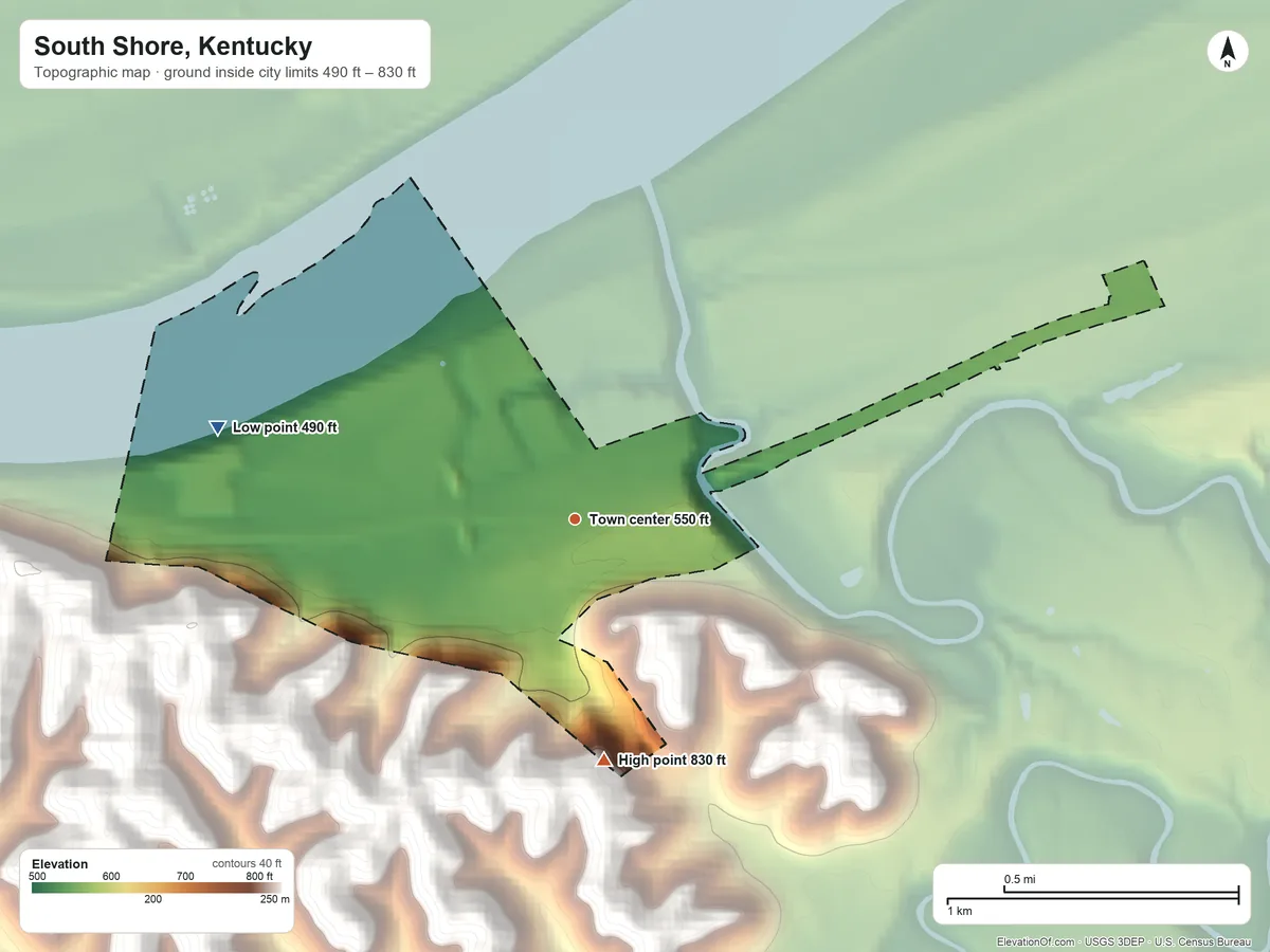 Topographic elevation map of South Shore, Kentucky, shaded from 490 ft on the west side to 830 ft on the south side