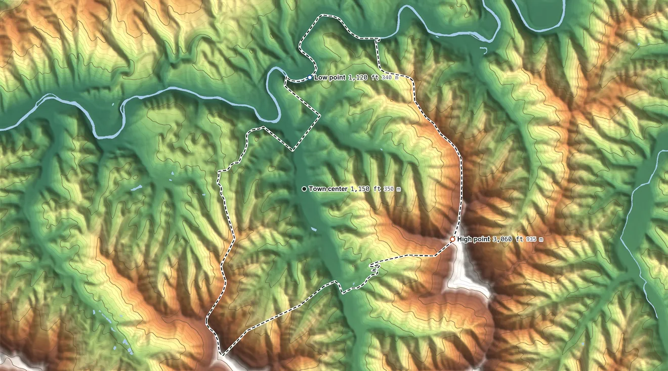 Topographic elevation map of South Wallins, Kentucky, shaded from 1,120 ft on the north side to 3,060 ft on the east side