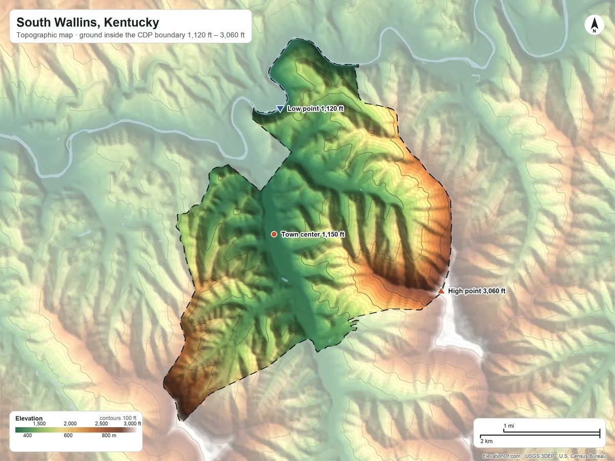 Topographic elevation map of South Wallins, Kentucky, shaded from 1,120 ft on the north side to 3,060 ft on the east side