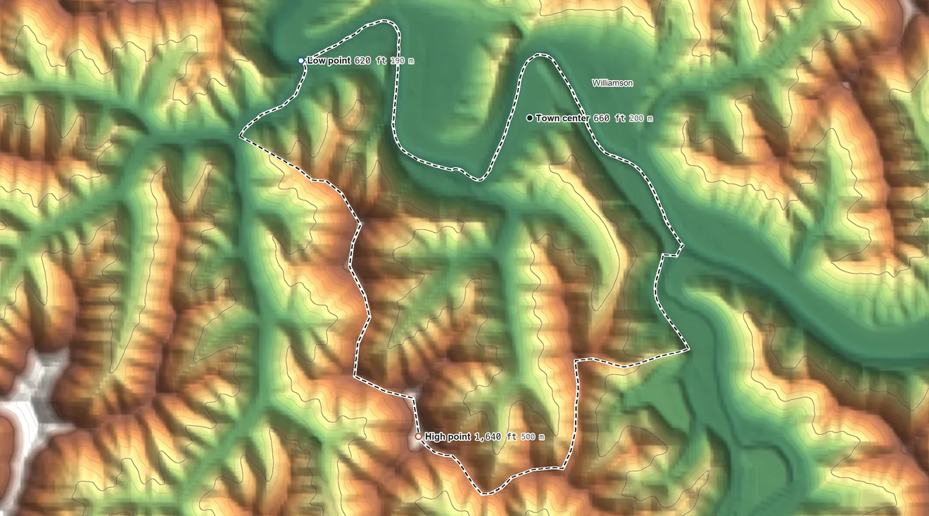 Topographic elevation map of South Williamson, Kentucky, shaded from 620 ft on the west side to 1,640 ft on the south side