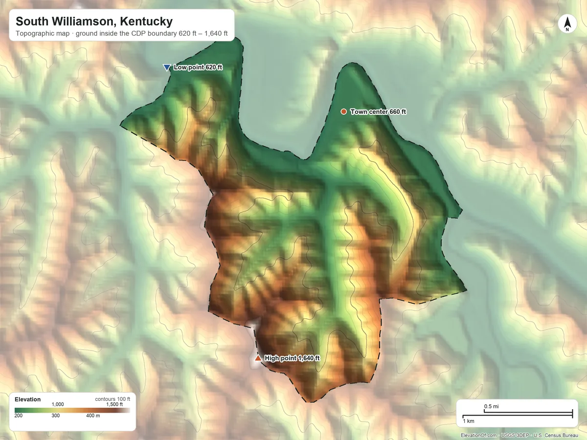 Topographic elevation map of South Williamson, Kentucky, shaded from 620 ft on the west side to 1,640 ft on the south side