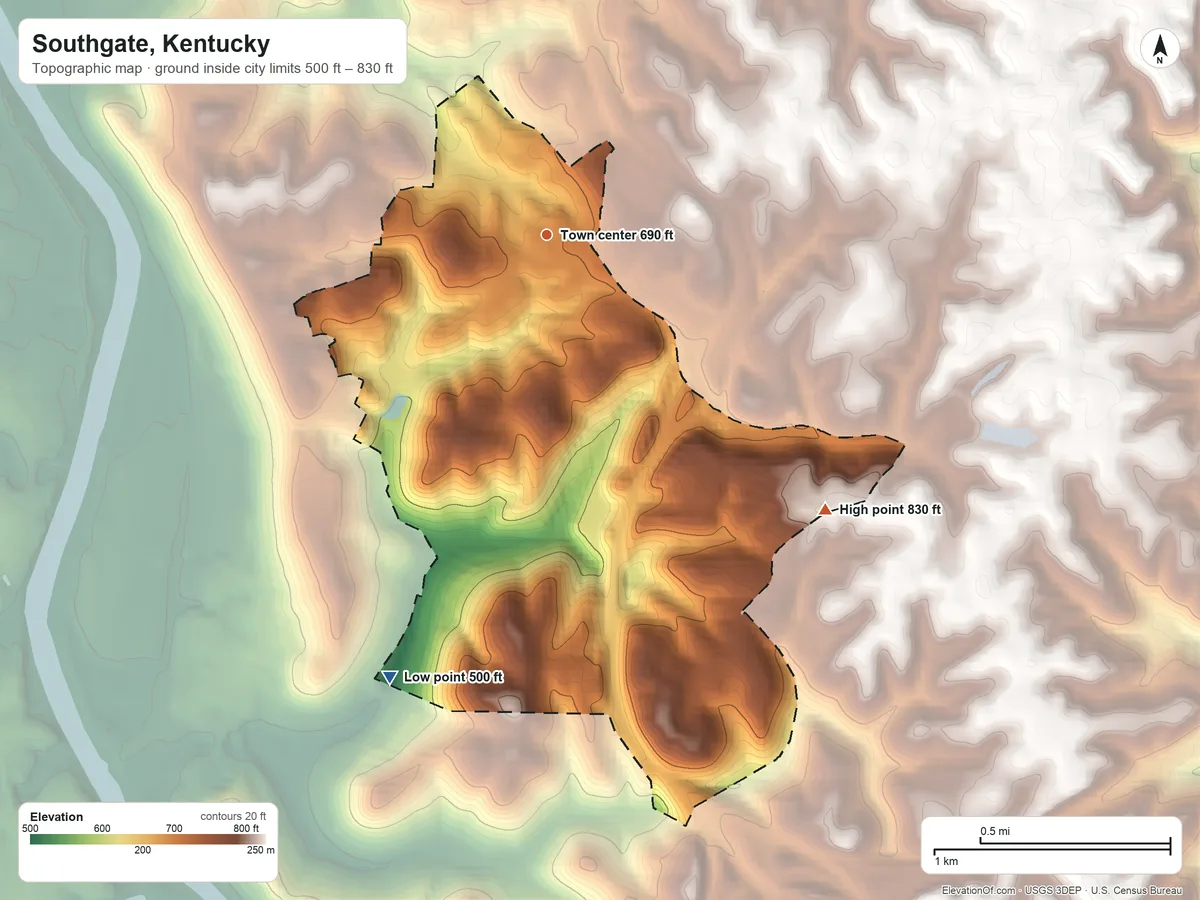 Topographic elevation map of Southgate, Kentucky, shaded from 500 ft on the south side to 830 ft on the southeast side