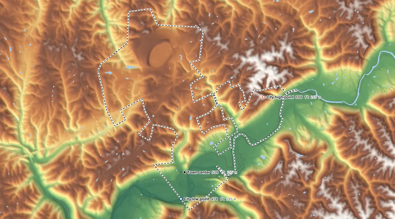 Topographic elevation map of Sparta, Kentucky, shaded from 470 ft near the middle to 880 ft on the northeast side