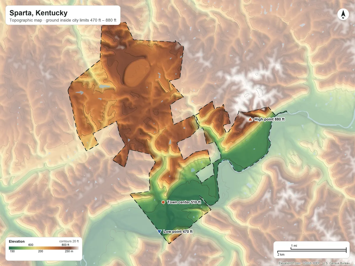 Topographic elevation map of Sparta, Kentucky, shaded from 470 ft near the middle to 880 ft on the northeast side