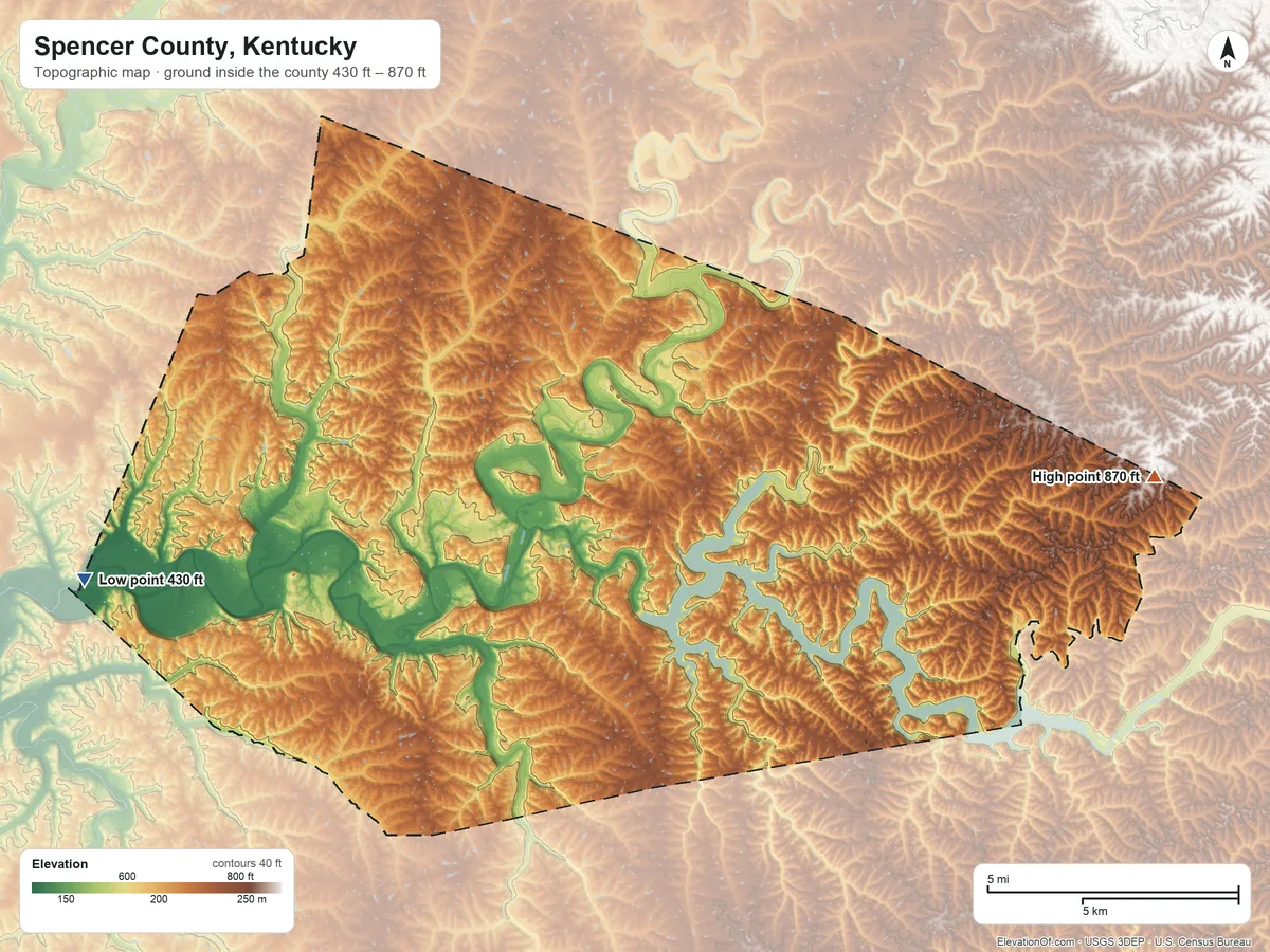 Topographic elevation map of Spencer County, Kentucky, shaded from 430 ft on the west side to 870 ft on the east side