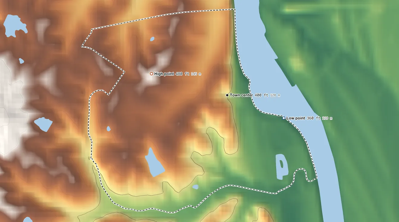 Topographic elevation map of Spottsville, Kentucky, shaded from 360 ft on the east side to 480 ft on the west side