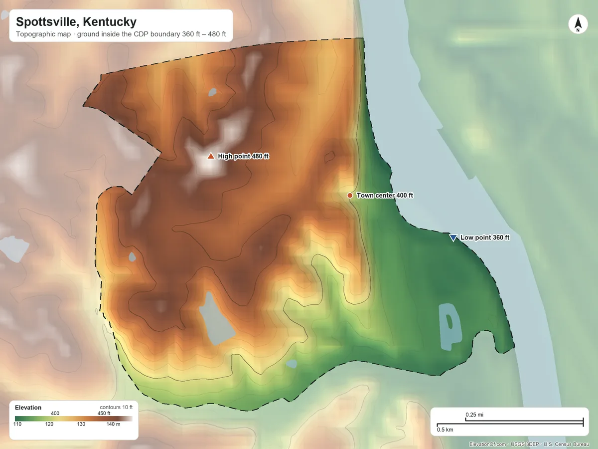 Topographic elevation map of Spottsville, Kentucky, shaded from 360 ft on the east side to 480 ft on the west side